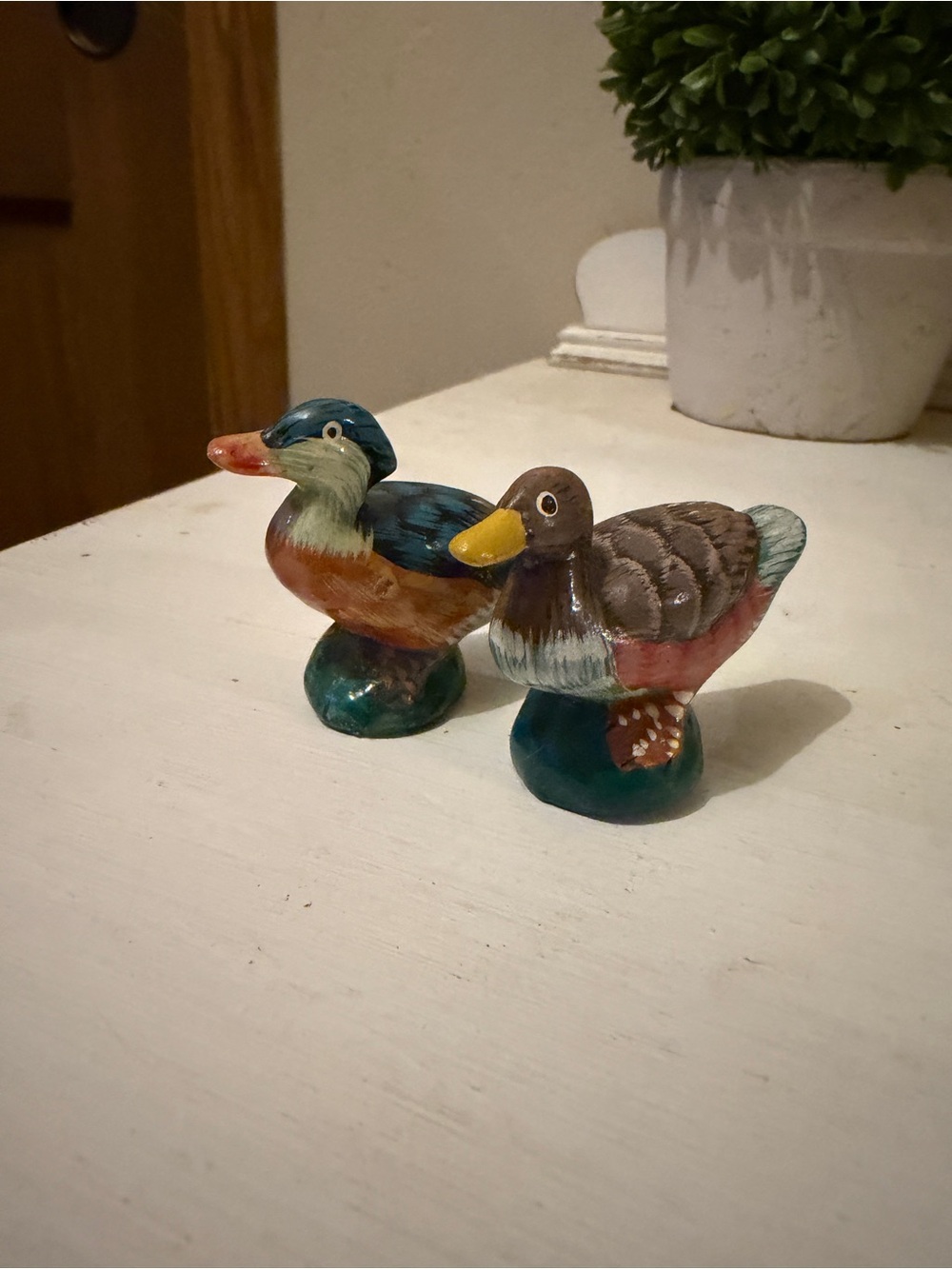 Vintage Ceramic Duck Figurines Pair Hand Painted Rustic Cottagecore Decor